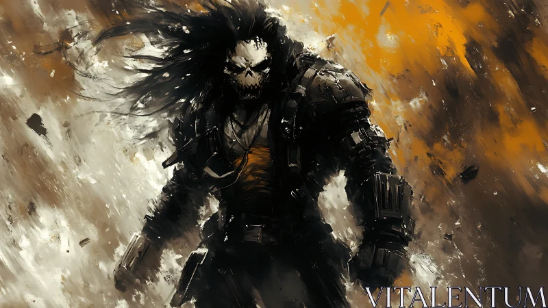 Armored skull warrior strides through a storm of molten dust