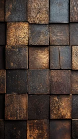 Rustic wooden square panel wall with rich textured blocks.