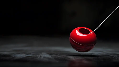 Red spherical bead suspended on cord against dark ground.