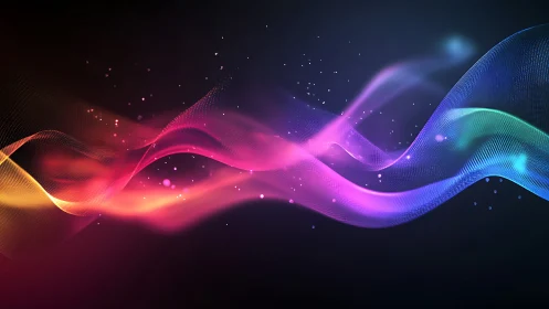 Vibrant neon light waves flow across dark digital space