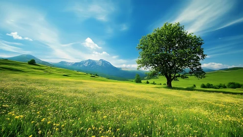 Solitary tree amid sunlit meadow and distant blue mountains.