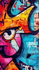 Graffiti close-up on brick wall with dynamic chromatic geometry.