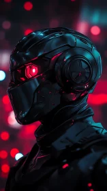 Helmeted robotic profile is rendered with red bokeh lighting
