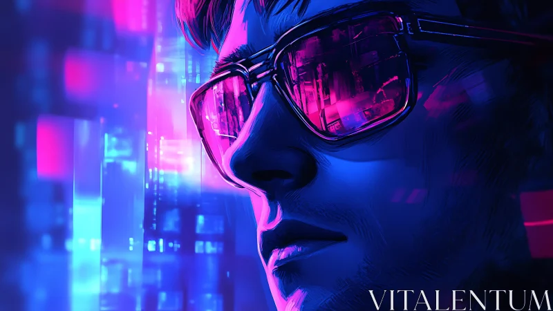 Neon-drenched cyber gaze reflecting a humming digital metropolis.