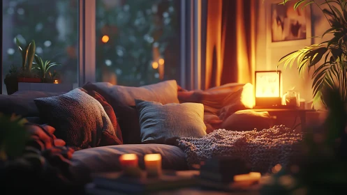 Cozy evening sofa nook glows with candles and warm lamplight