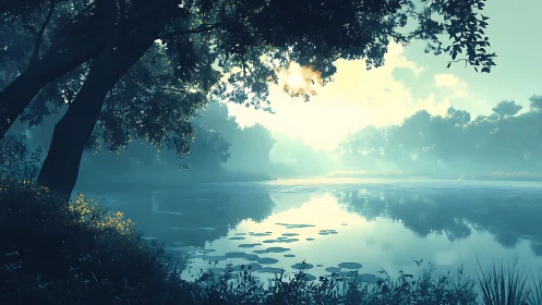Sunlit tree line reflected on calm misty lakeside water.