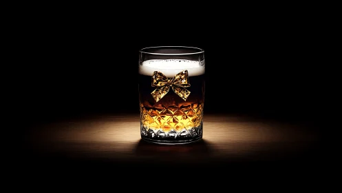 Glass of dark beverage with bow accent is centrally lit