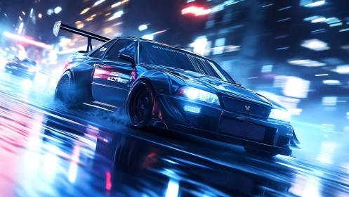 Midnight street racer carving neon light through rain-soaked city.
