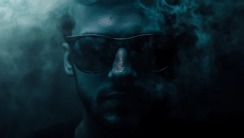 Midnight stranger in teal smoke wearing mirror shades.