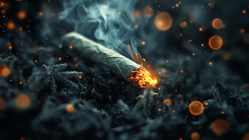 Burning rolled cigarette smolders on dark ground surface