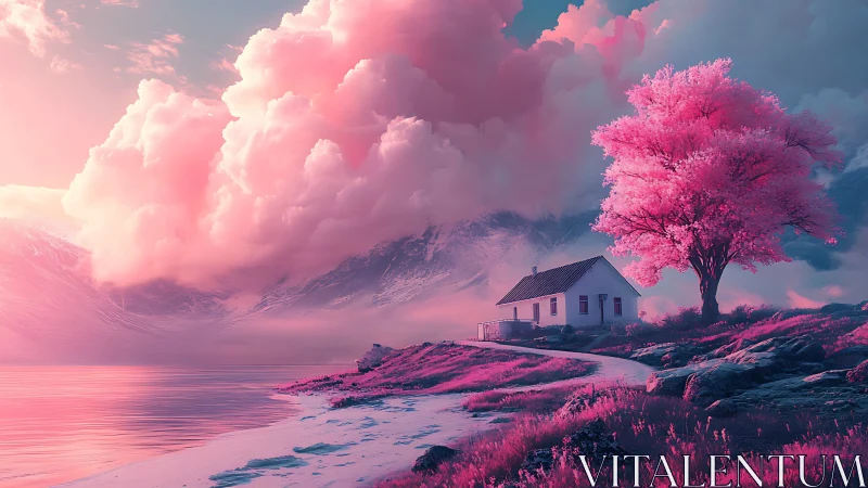 Rendered landscape with coastal dwelling and chromatic atmospheric effects.