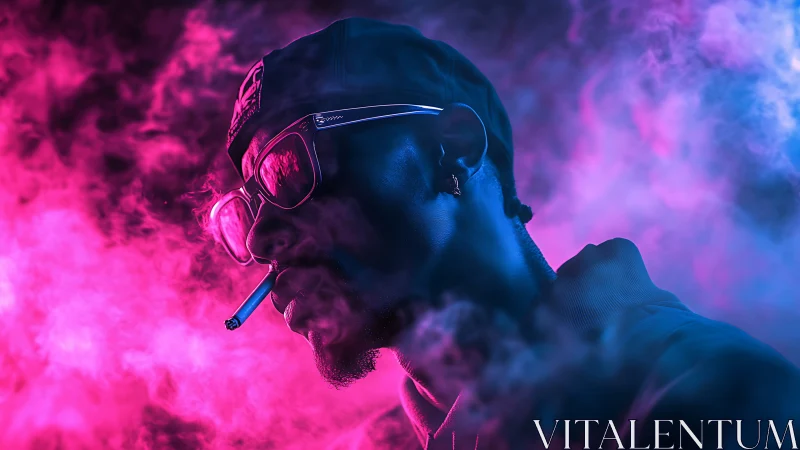 Side profile portrait of smoker in neon colored smoke.