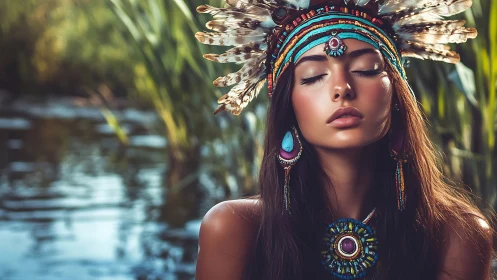 Chromatic portrait with feathered headdress in riparian light.