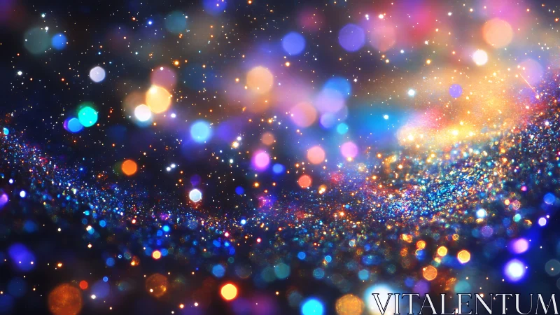 Cosmic glitter river pulses through multicolor bokeh field.