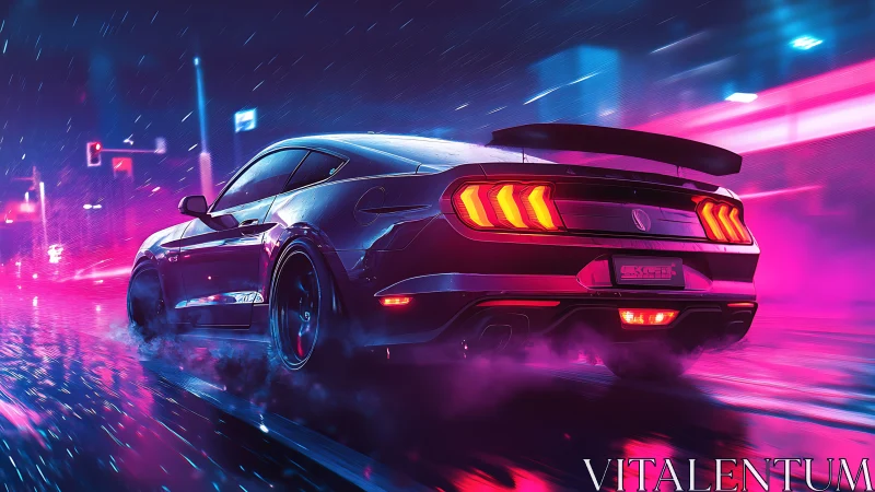 Muscle car surges through neon-soaked streets at night