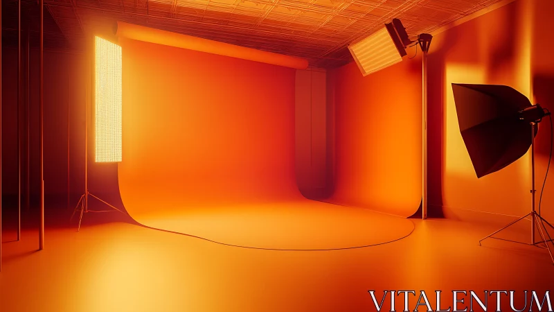 Monochrome orange photo studio cyclorama under softbox lighting