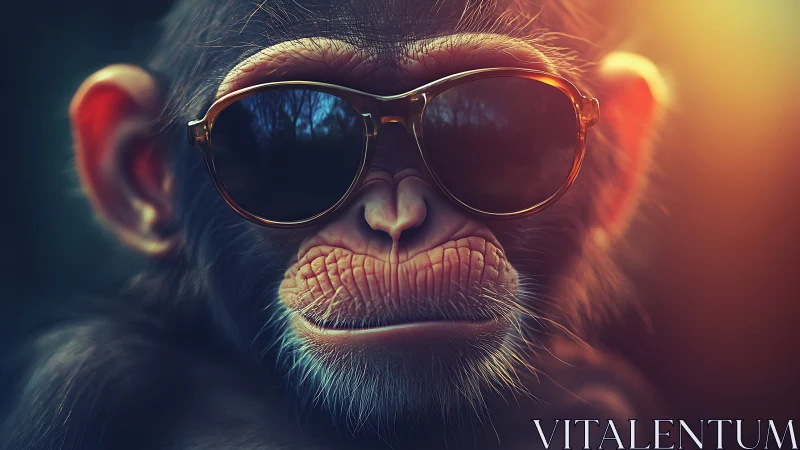 Primate portrait wearing sunglasses in warm side lighting.