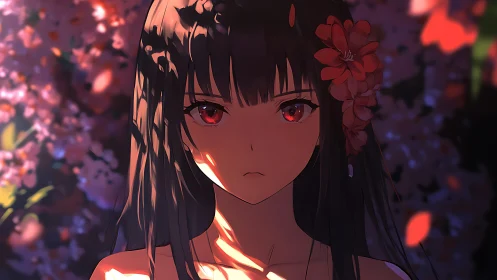 Girl with red eyes stands in dappled light before blossoms