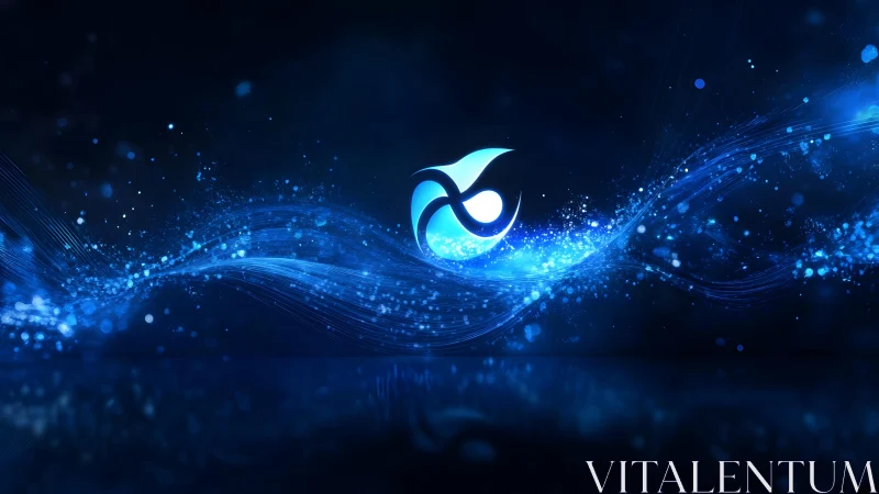 Abstract blue tech wave and glowing emblem on dark background.