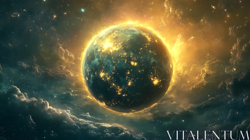 Glowing planet in fiery nebula with bright golden light.