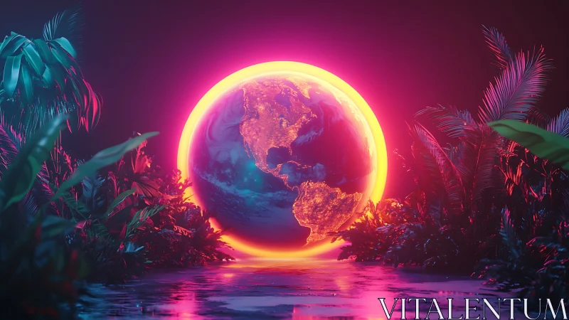 Neon-lit digital globe is rendered within tropical foliage