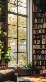 Sunlit home library with tall bookshelves and window.
