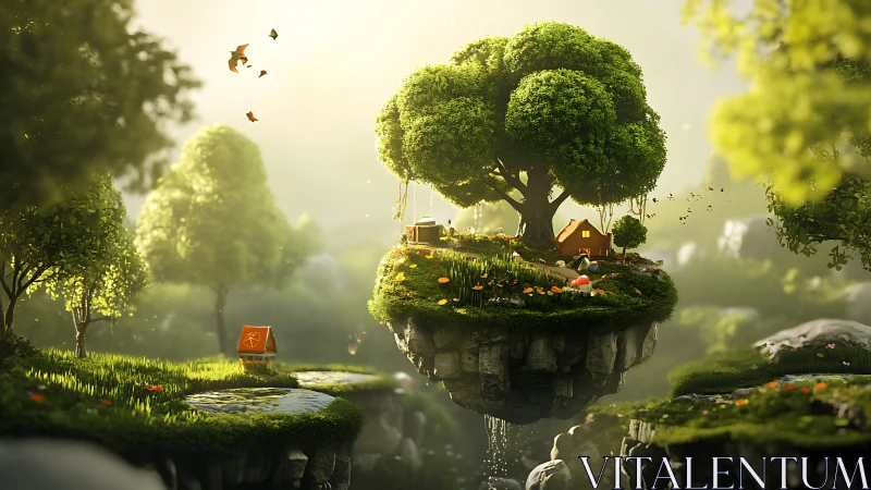 Cozy floating tree island with a tiny sunlit cottage.