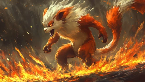 Fire wolf beast charging through blazing inferno battlefield.
