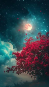 Crimson tree under teal nebula sky and luminous coral moon.