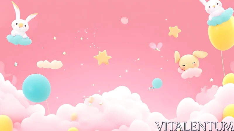 Pastel 3D cloudscape with floating rabbits, stars and balloons