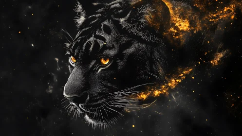 Black panther portrait with orange embers on dark field.