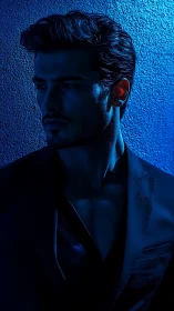 Cinematic blue side-light portrait sculpts male profile sharply