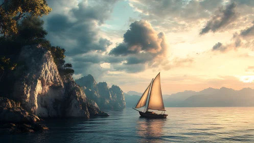 Sailboat passing rocky coast under soft sunset light.