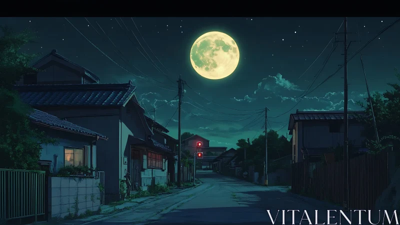 Quiet residential street under a large full moon at night.