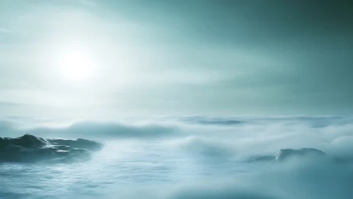 Glacial seascape under diffuse backlit sun with low atmospheric haze