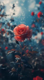 Solitary coral rose glows softly against dreamy blue bokeh