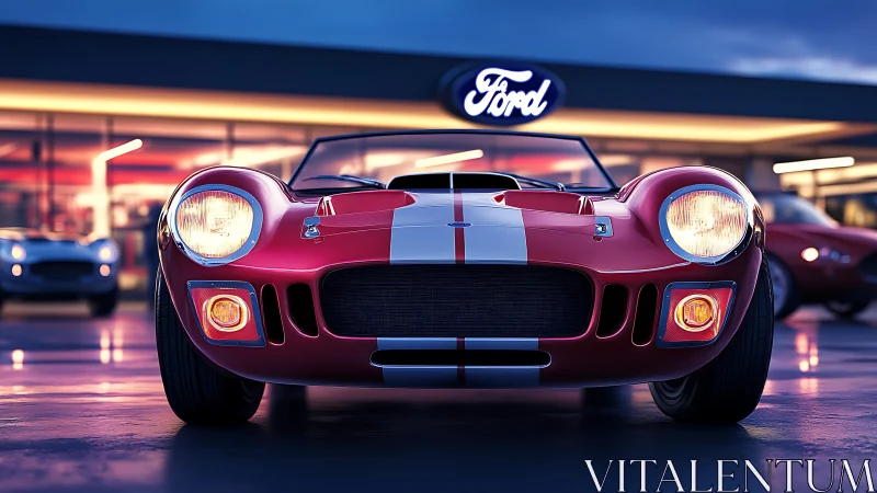 Low-slung red Ford racer under neon dealership glow.
