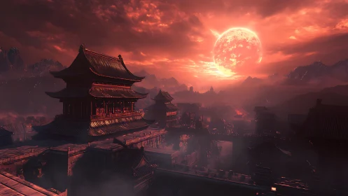 Crimson moonrise over tranquil ancient mountain cityscape.