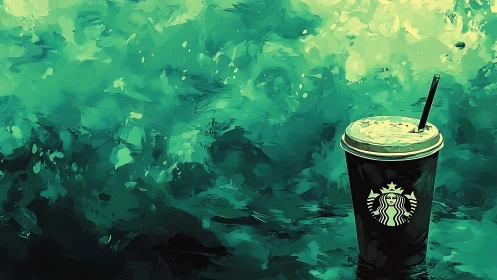 Iced coffee daydream in swirling emerald brushstrokes.