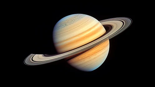 Saturn gas giant with detailed rings on black background.