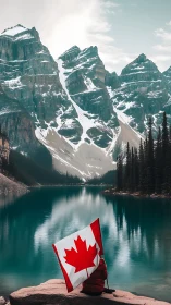 Lone hiker with Canadian flag overlooks turquoise alpine lake