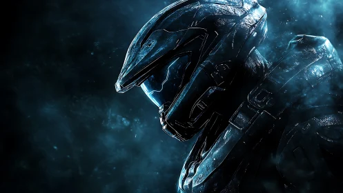 Armored sci fi soldier stands in glowing blue cosmic mist