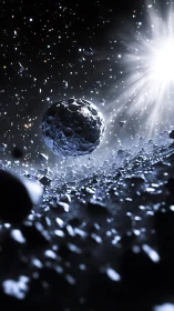 Icy asteroid field orbits bright star in deep space.