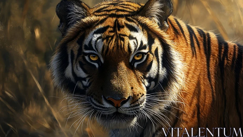 Golden-eyed tiger walking softly through sunlit grasslands.