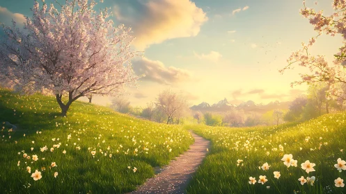 Gentle spring pathway meanders through sunlit blossom meadows