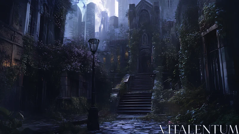 Ruined ivy city courtyard under looming futuristic towers.