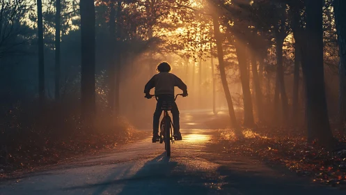 Cyclist on forest path during dawn with atmospheric light.