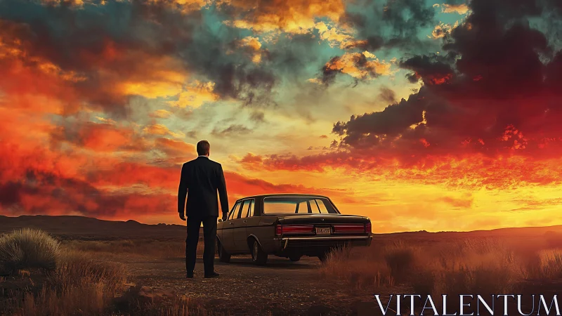 Solitary suited figure studies a vintage car at incendiary sunset