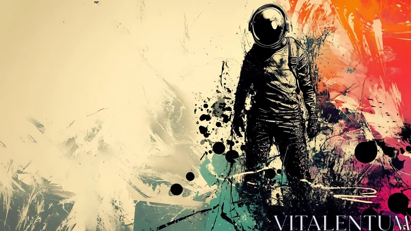 Astronaut silhouette emerges through abstract cosmic paint storm.