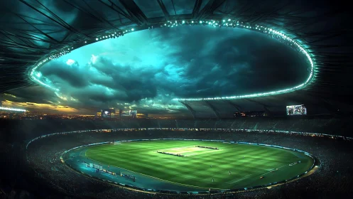 Futuristic football stadium glows under stormy illuminated sky